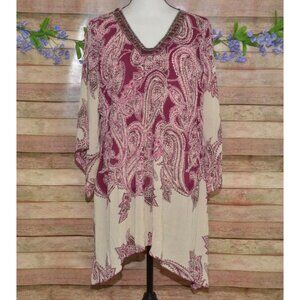 Catherines Maroon Paisley Beaded V-Neck Blouse Top Plus Size 1X 3/4 Bell Sleeves